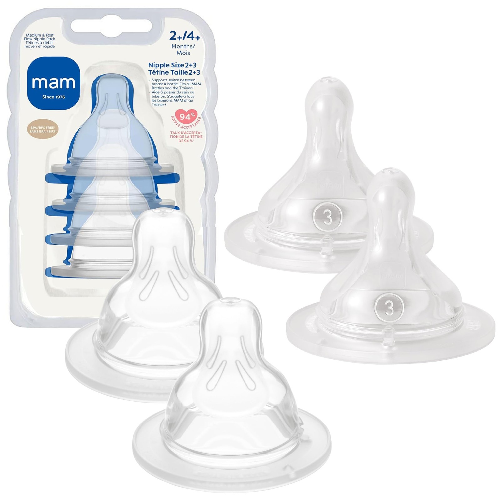 MAM Baby Bottle Nipples Mixed Flow Pack Medium & Fast Flow 4-Pack BPA-Free