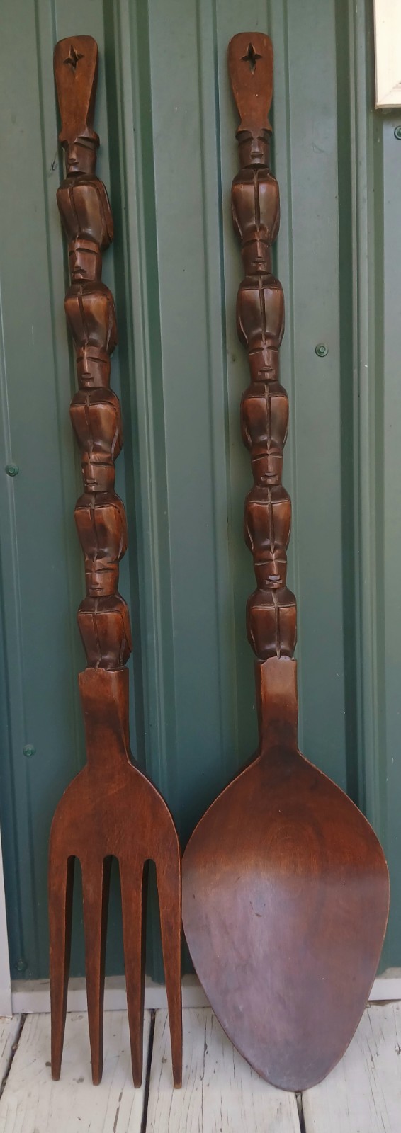 Vtg40"Fork&SpoonCarvedWoodSetWallDecorMidCent.Farmhouse60sFolkArtRetroGrannyCore