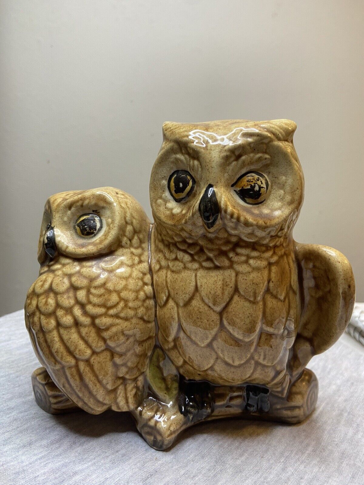 Vintage Ceramic Owls on a Limb Momma & Baby YOZIE Brown Figurine Glossy Cute!