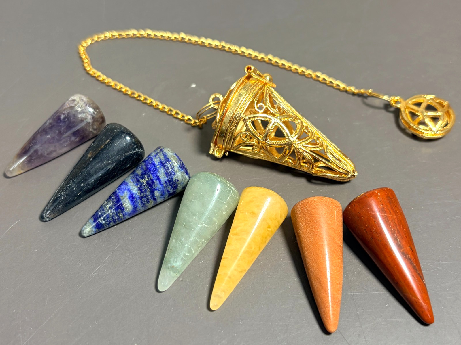 Chakra Pendulum Set of 7 Convertible Stone Cones & Golden Om Hinged Cage NEW