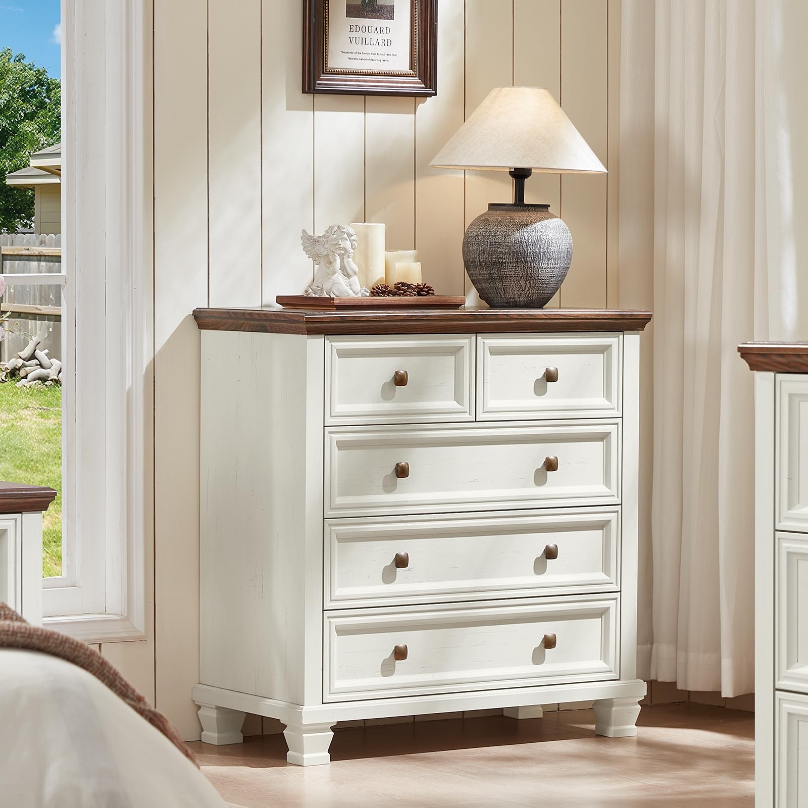 Farmhouse 5 Drawer Dresser Vintage Rustic White 32.6 Inch Tall