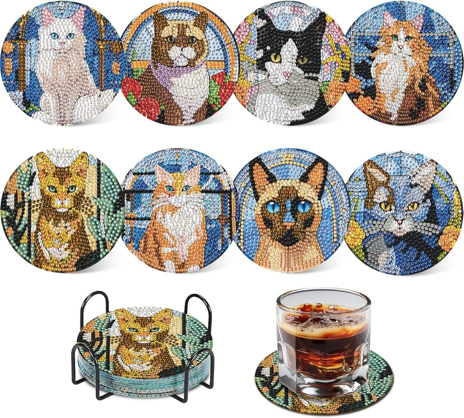 Diamond Painting Coasters, 8 Pcs Diamond Art Coasters with Holder, 5D Gem Cat