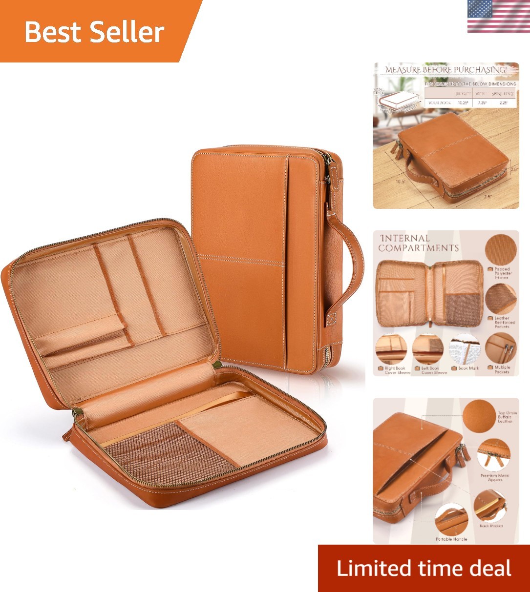 Top Grain Leather Bible Cover Large Buffalo Genuine Zipper Handle Back Pocket