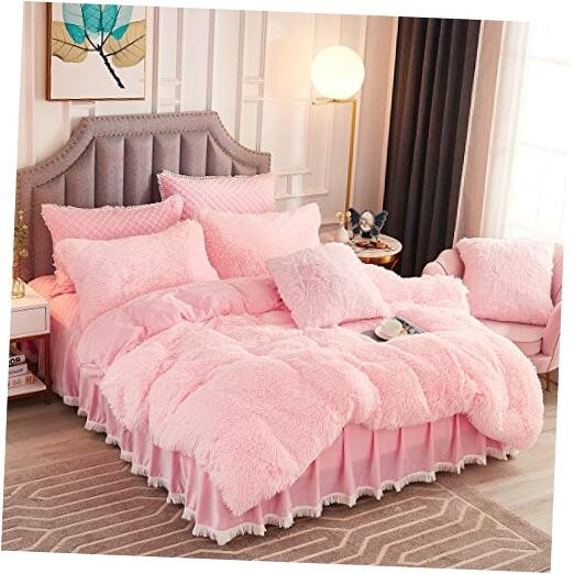  Luxury Long Faux Fur 3 PCS Bedding Set Shaggy Comforter Duvet Cover King Pink