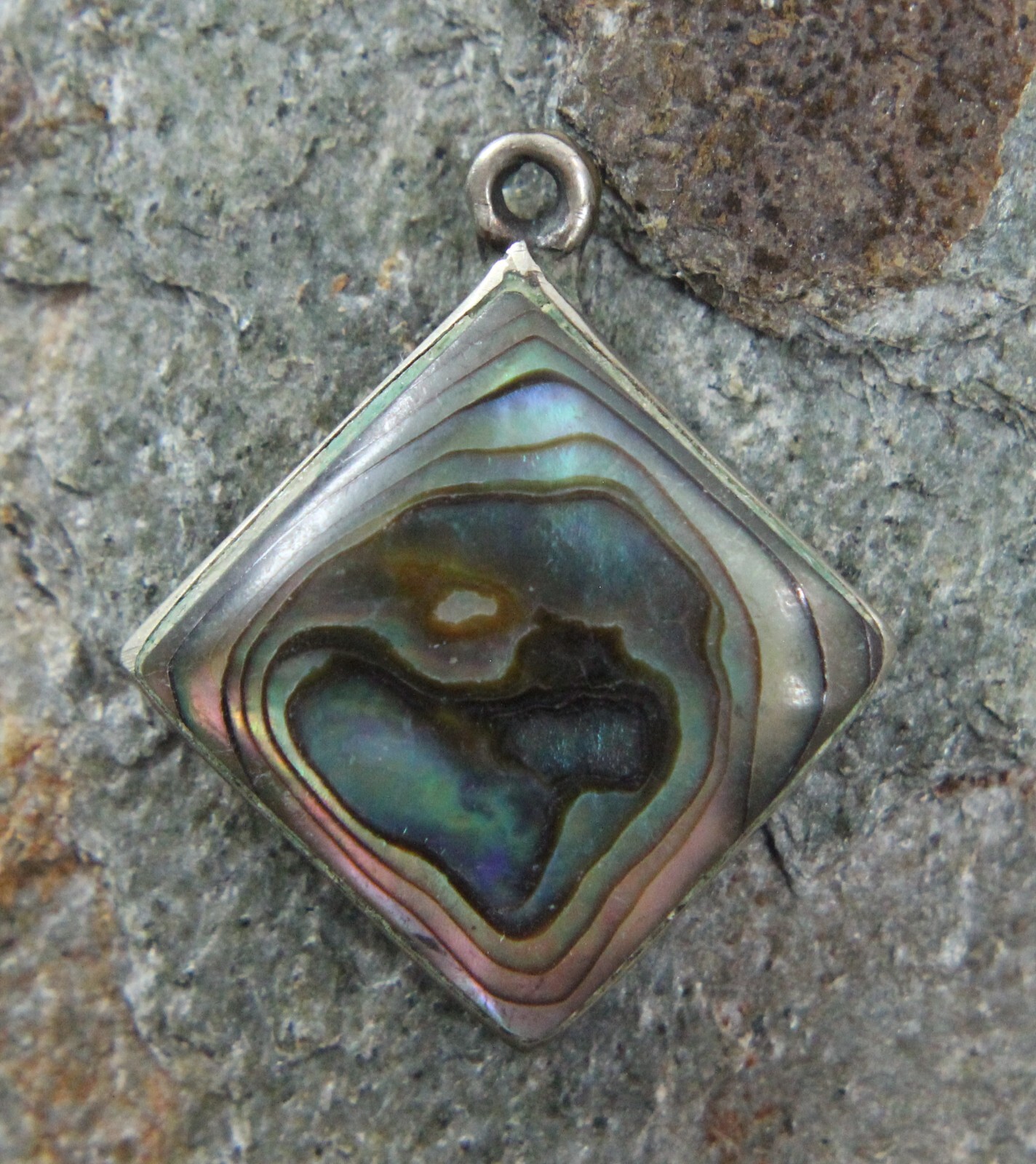 Vintage Mother of Pearl Pendant Alpaca Silver Mexico Diamond Inlay