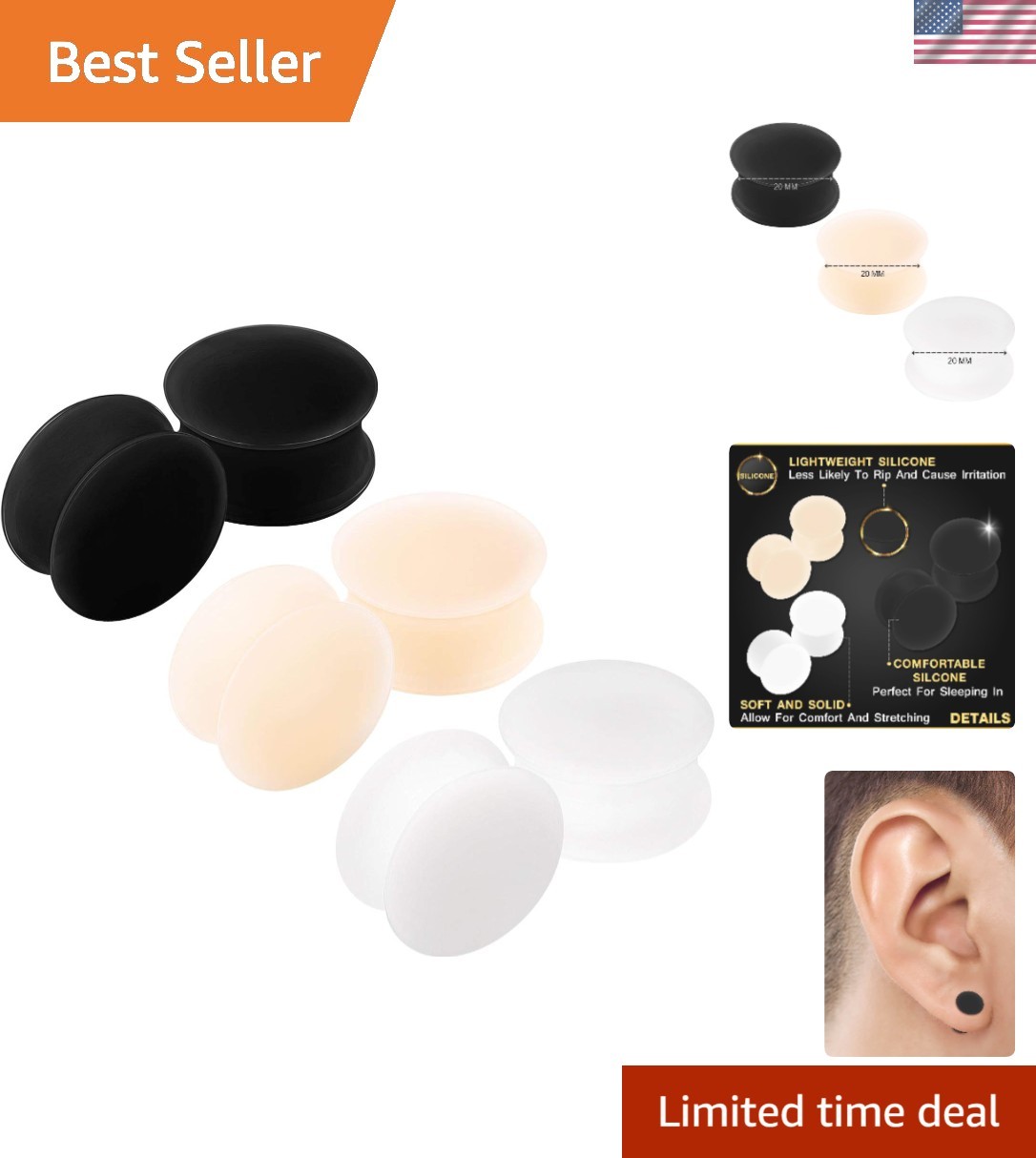 6 x Black Silicone Double Flared Ear Stretcher Expander