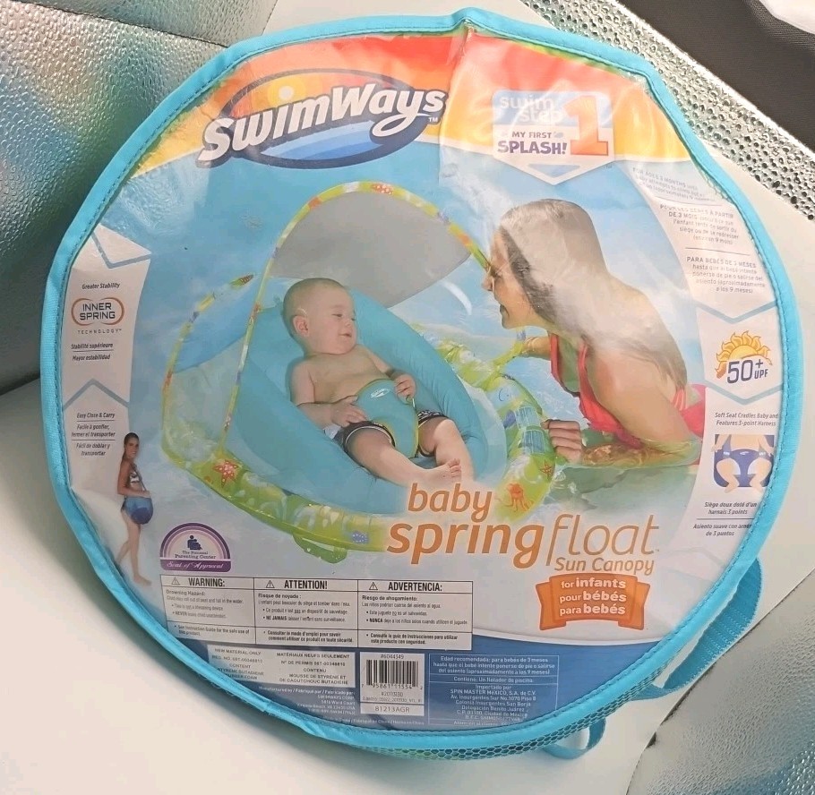 SwimWays Infant Baby Spring Float - Adjustable Sun Canopy  Swim Step 1 50+UPF 