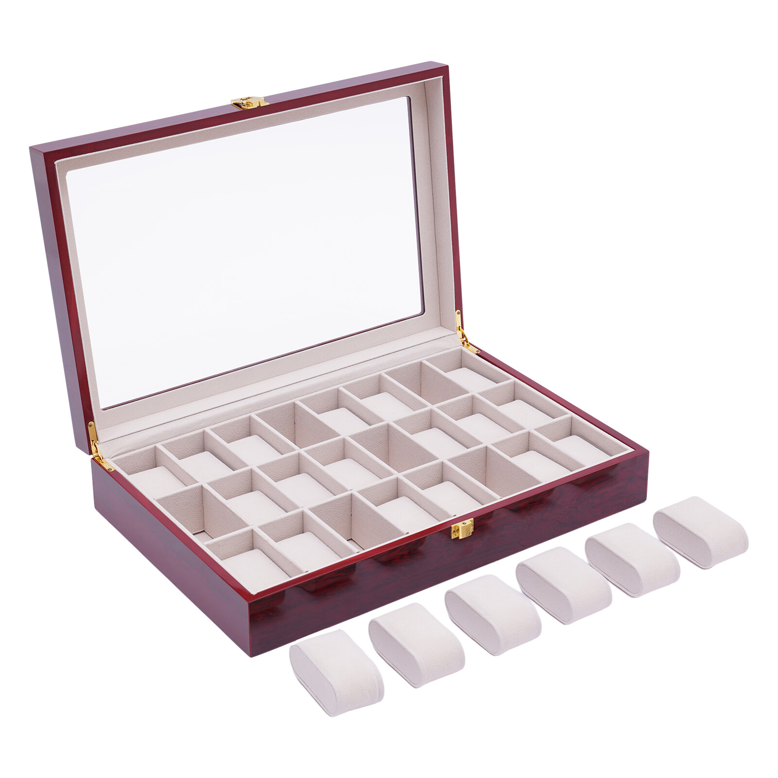 Ebony Wood Watch Box Case Container Glass Top Jewelry Storage Organizer 24 Grid