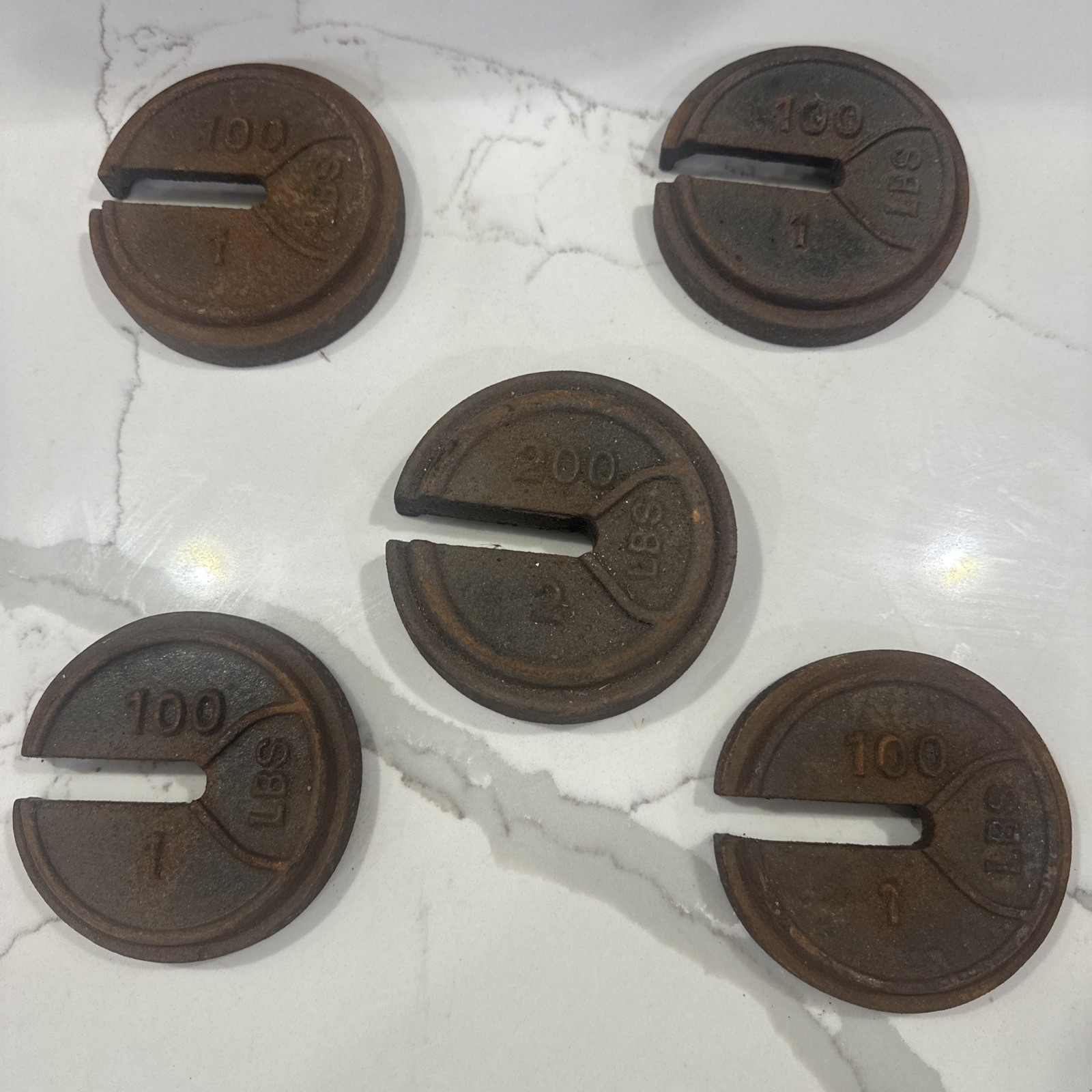 4 Antique Vintage Cast Iron Platform Scale Round Slotted Balance Beam Weights