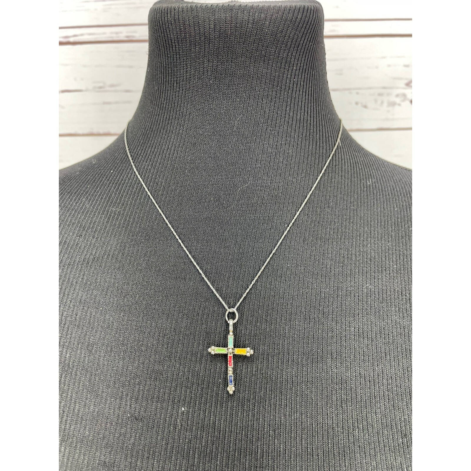 Hand Painted Multi Colored Silver Cross Pendant Necklace