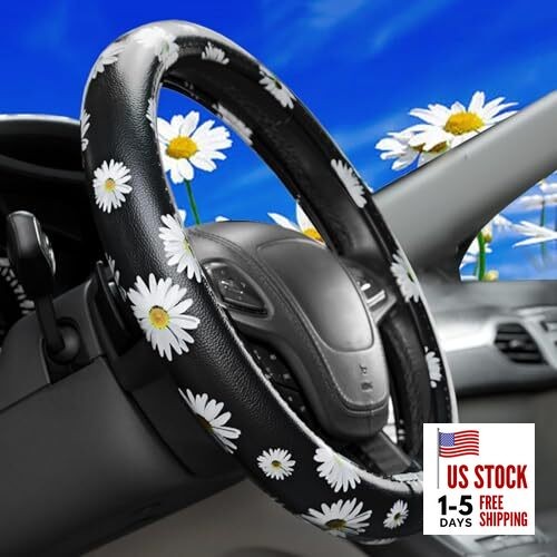  Leather Flowers Car Steering Wheel Cover, Fashion Floral Steering Black White