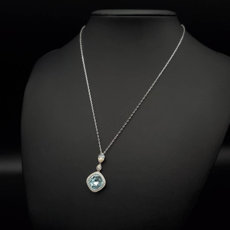 Swarovski Necklace Pendant PAVE Square Blue Crystal Clear Crystal Silver Tone