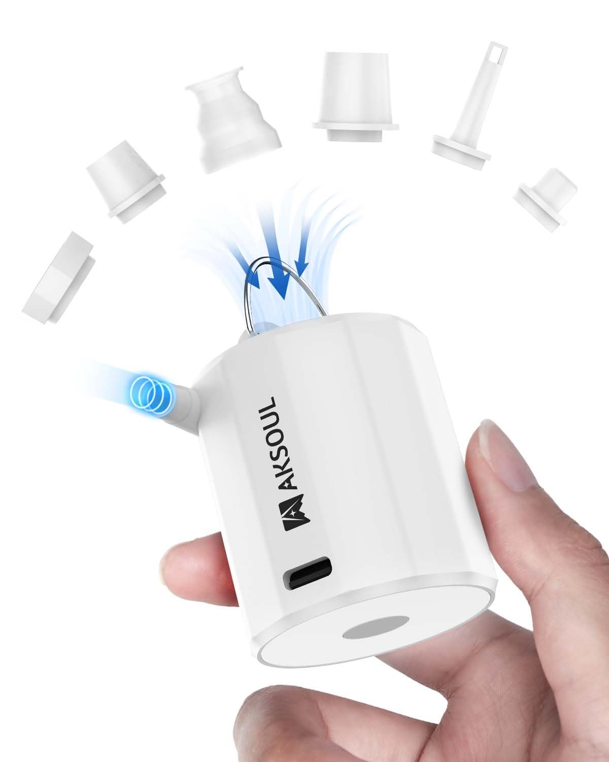 AKSOUL Mini Air Pump Inflator USB Rechargeable Portable Cordless Tiny White