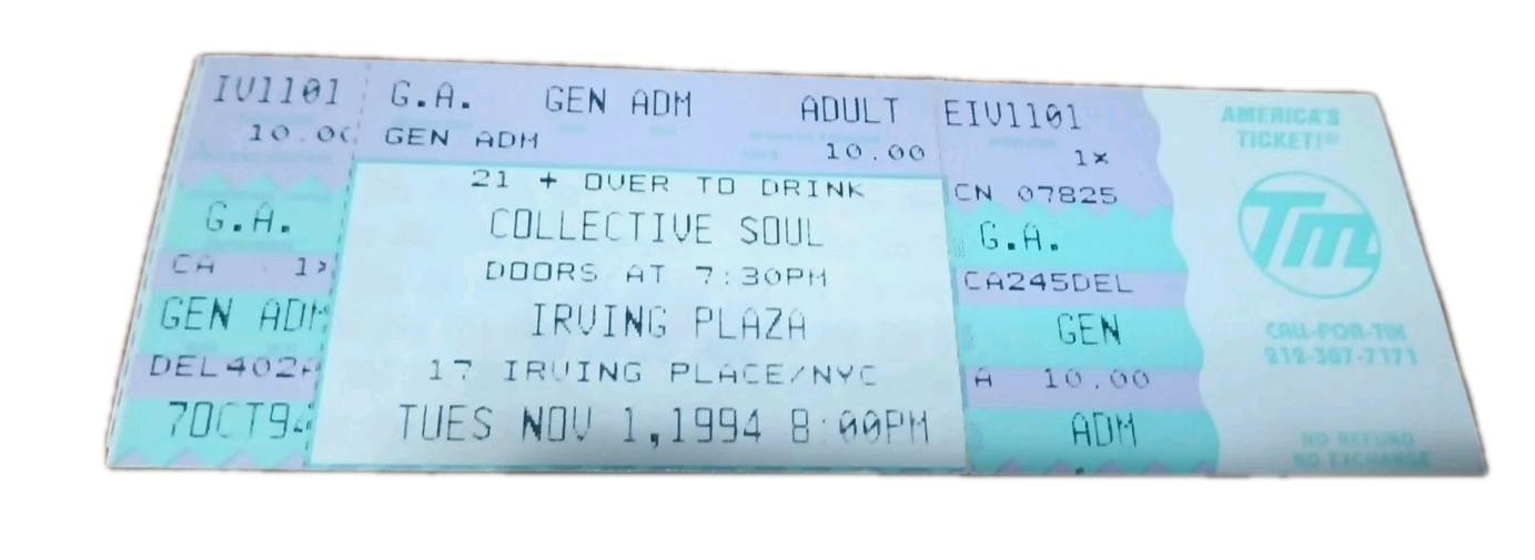 Vintage Collective Soul Irving Plaza NYC  November 1st 1994 Concert Ticket