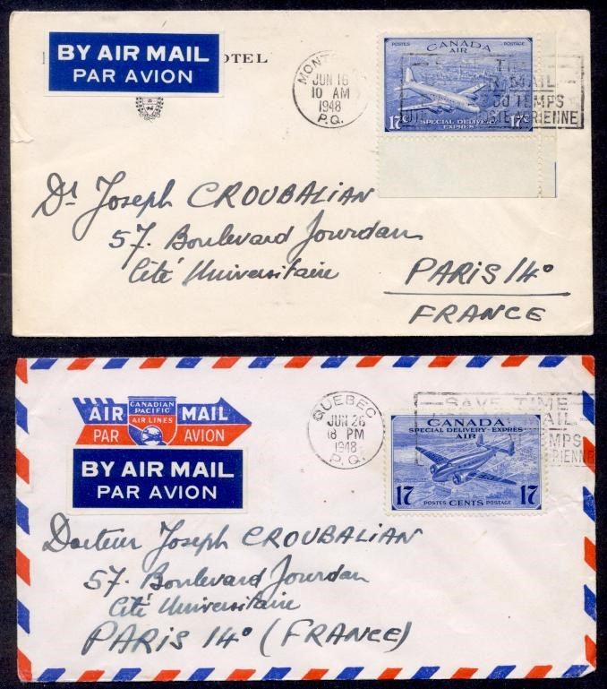 CANADA #CE2 AND CE4 ON TWO SEPERATE COVERS 1948 TO FRANCE