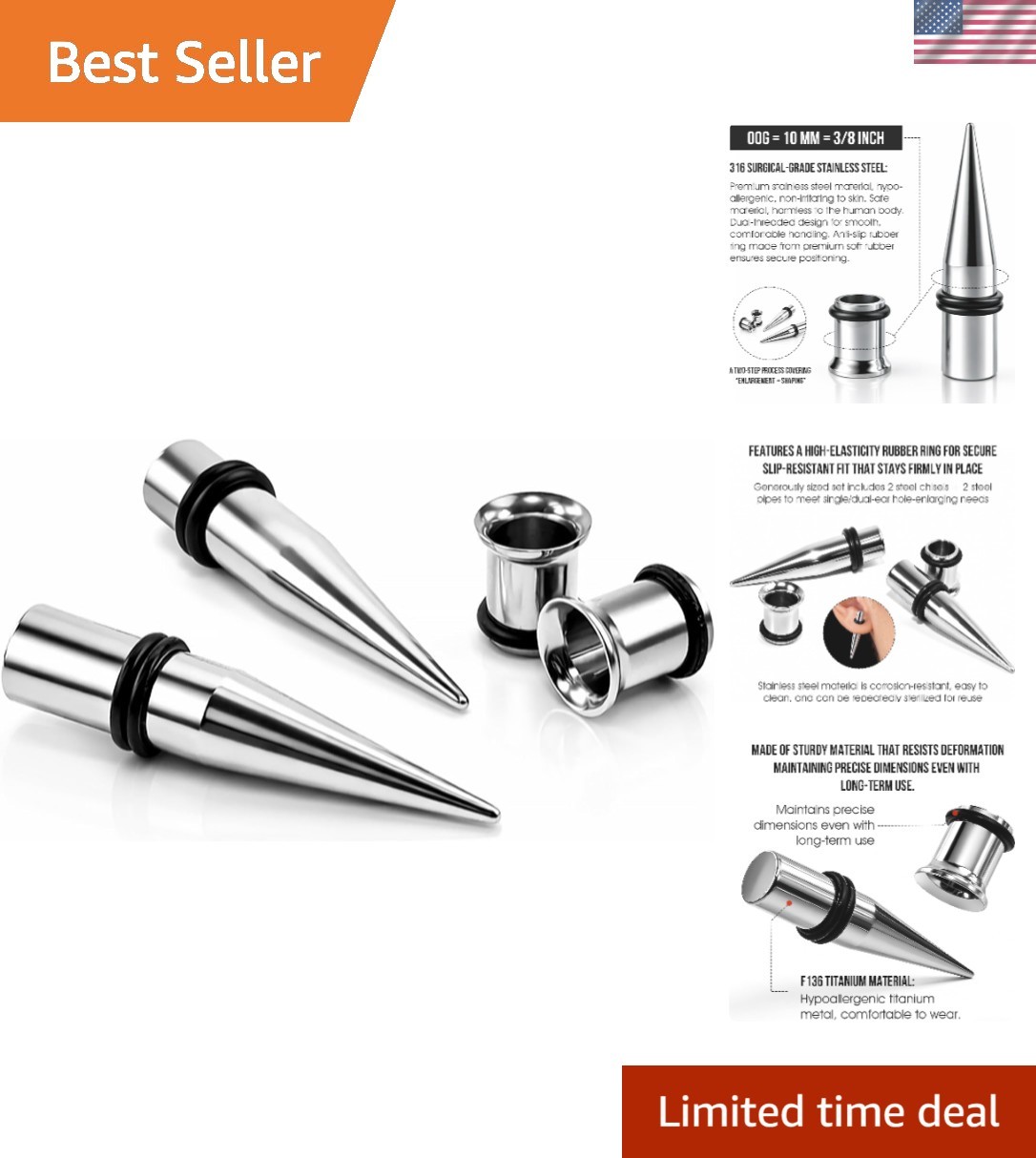 1 Gauge Ear Stretching Kit,2 Steel Tapers & 2 Steel Tunnels1G - 7mm