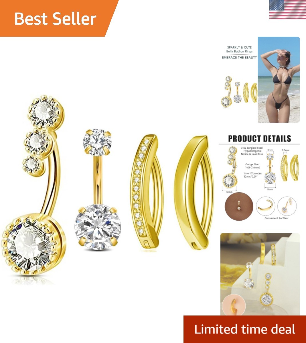 14G Belly Button Ring for Women Hypoallergenic 316L Surgical Stainless Steel ...