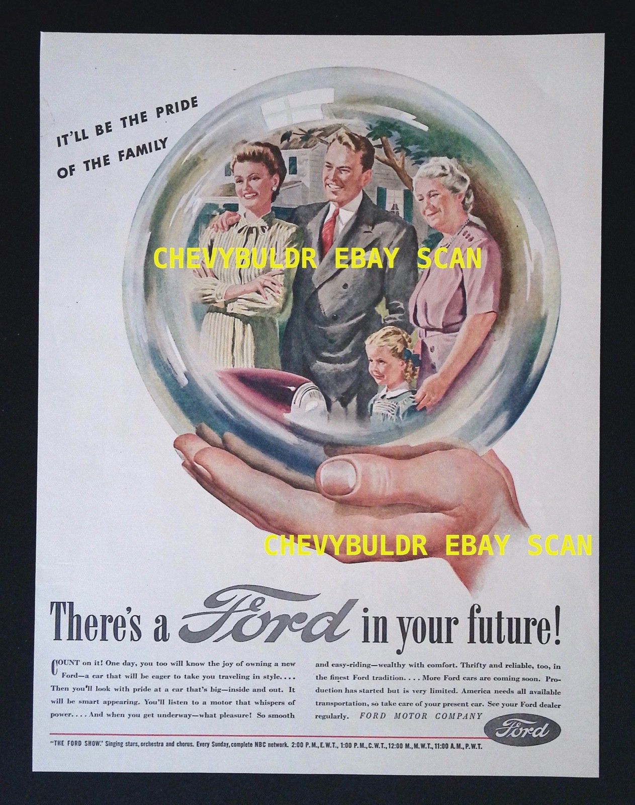 1946 Ford Vintage Crystal Ball Family Ad "There's a Ford In Your Future!"