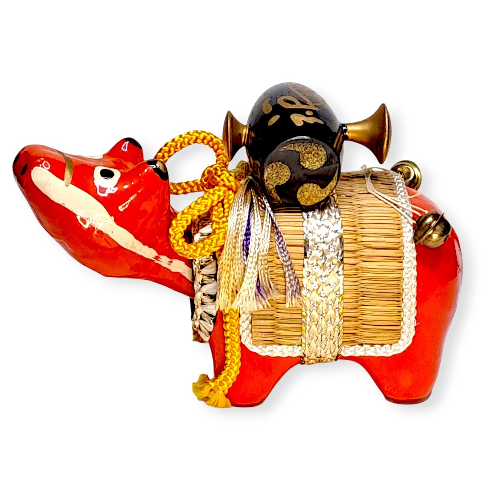 Japanese Akabeko Red Cow Ox Bull Doll Paper Mache Folk Art Bobblehead Lucky A20