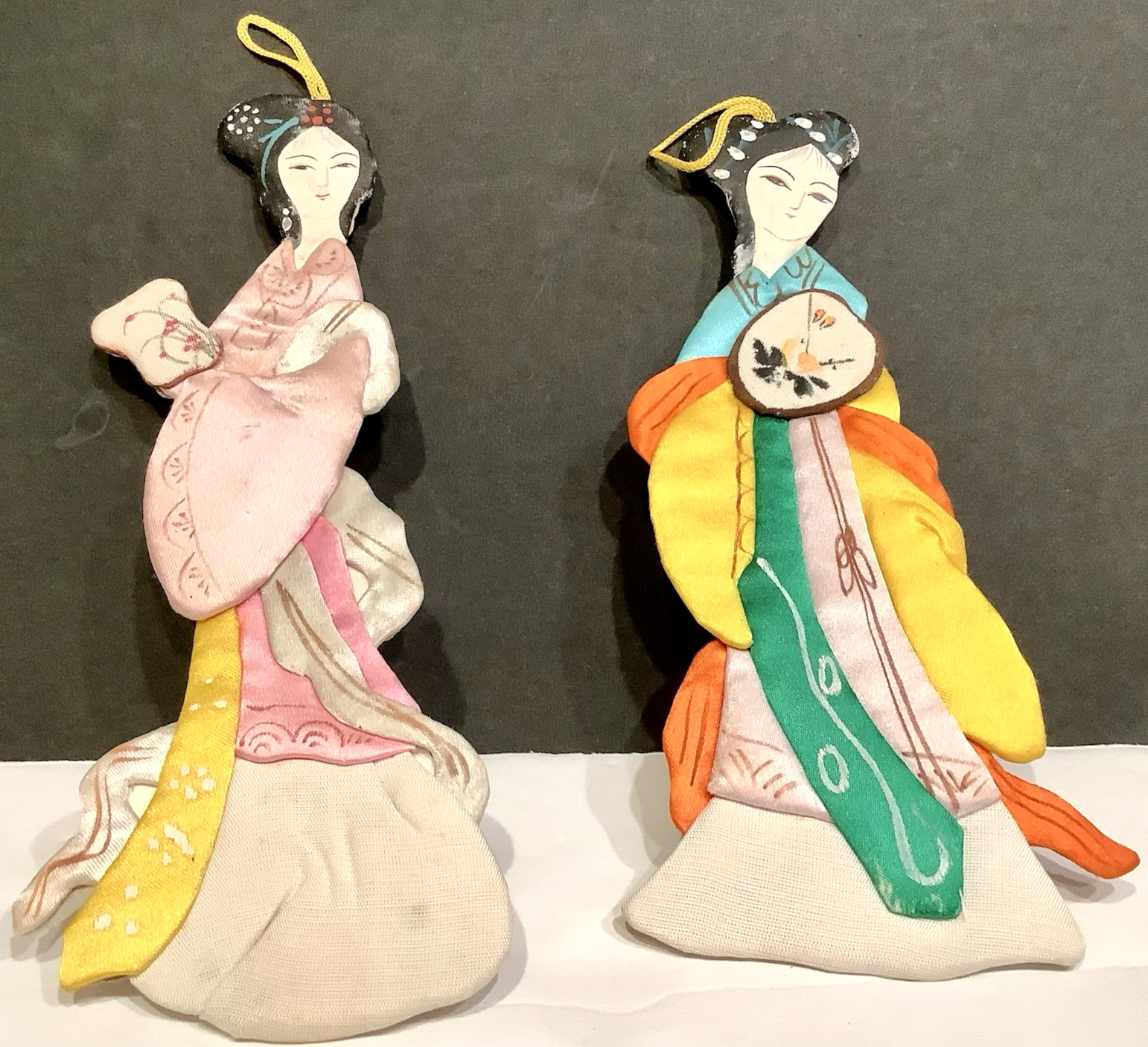 (2) GEISHA Paper Dolls/ Ornaments/ Book Mark Satin Dressed Native Kimonos 6"