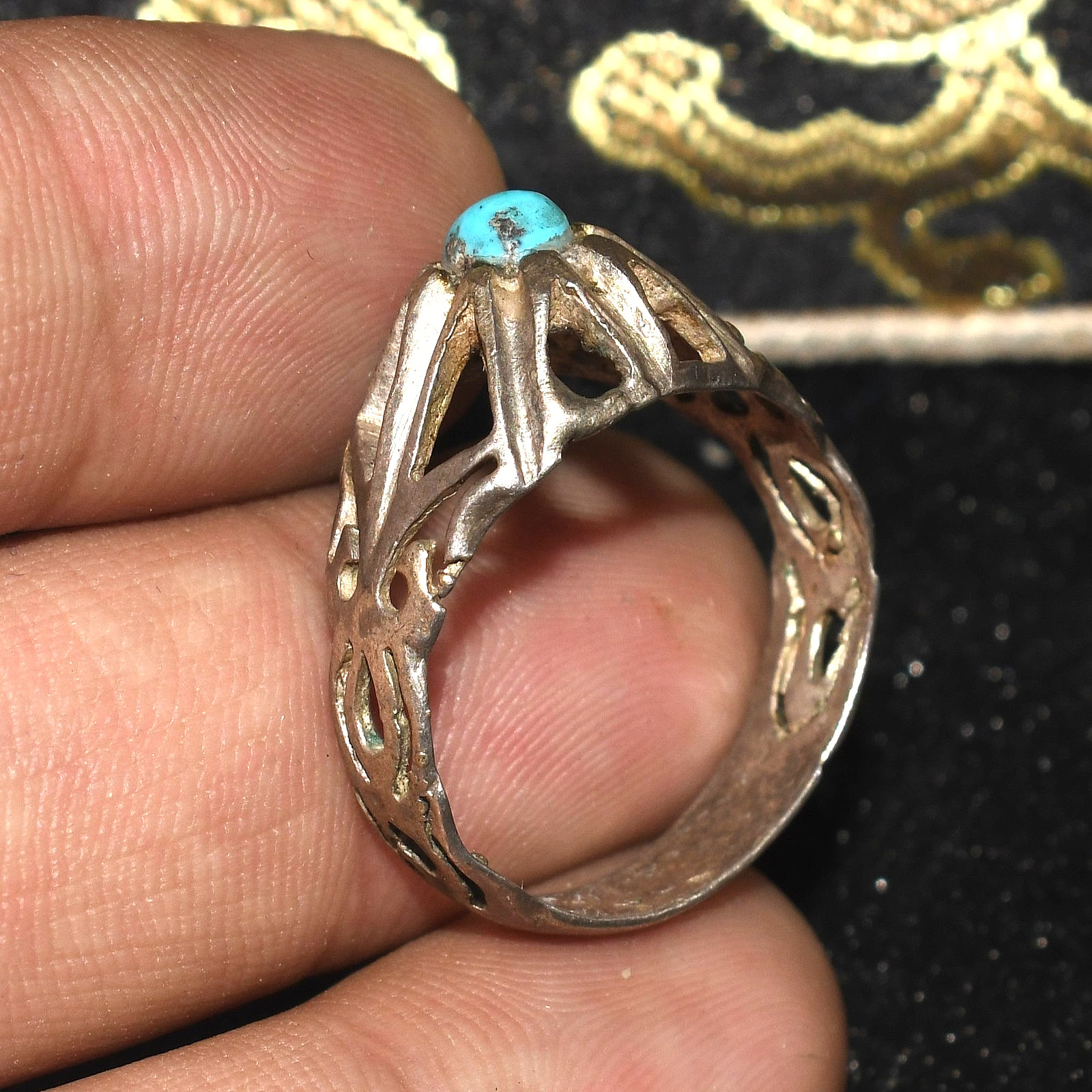 Antique Old Middle Eastern Solid Silver ring with Turquoise Stone Bezel