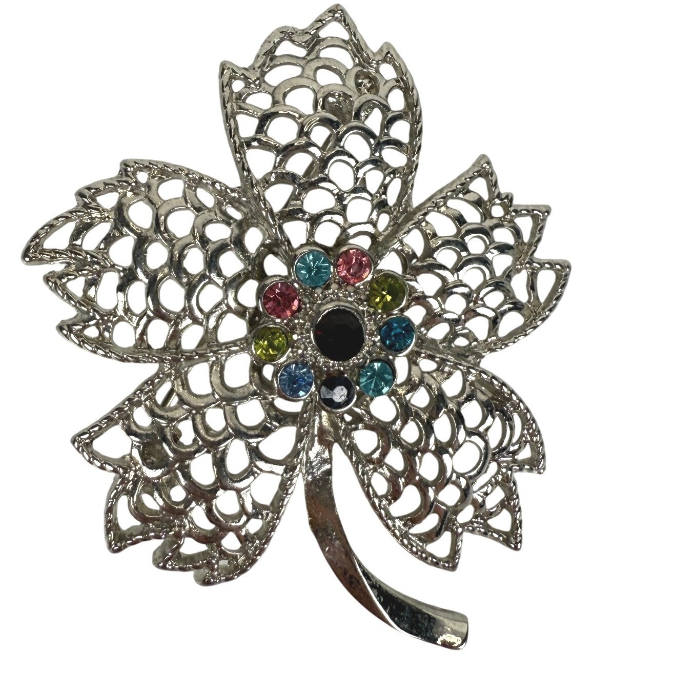 Leaf Brooch Pin Silver Tone Openwork Rhinestone Floral Statement Jewelry