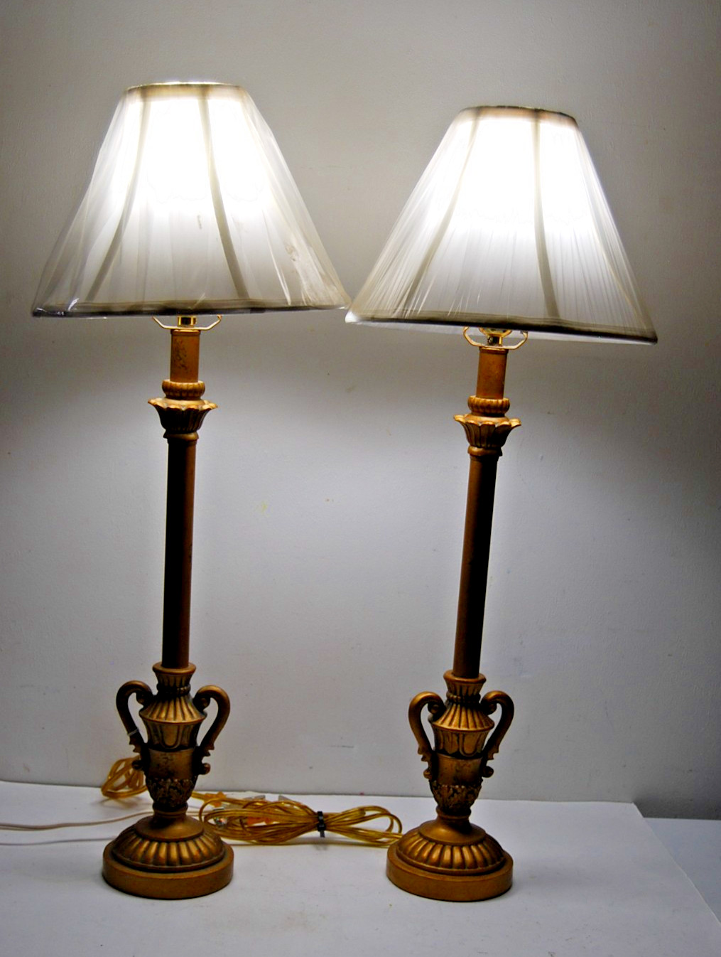 2 Italian Roman Plaster & Metal Pillar Gold Tone 30” Candlestick Table Lamp