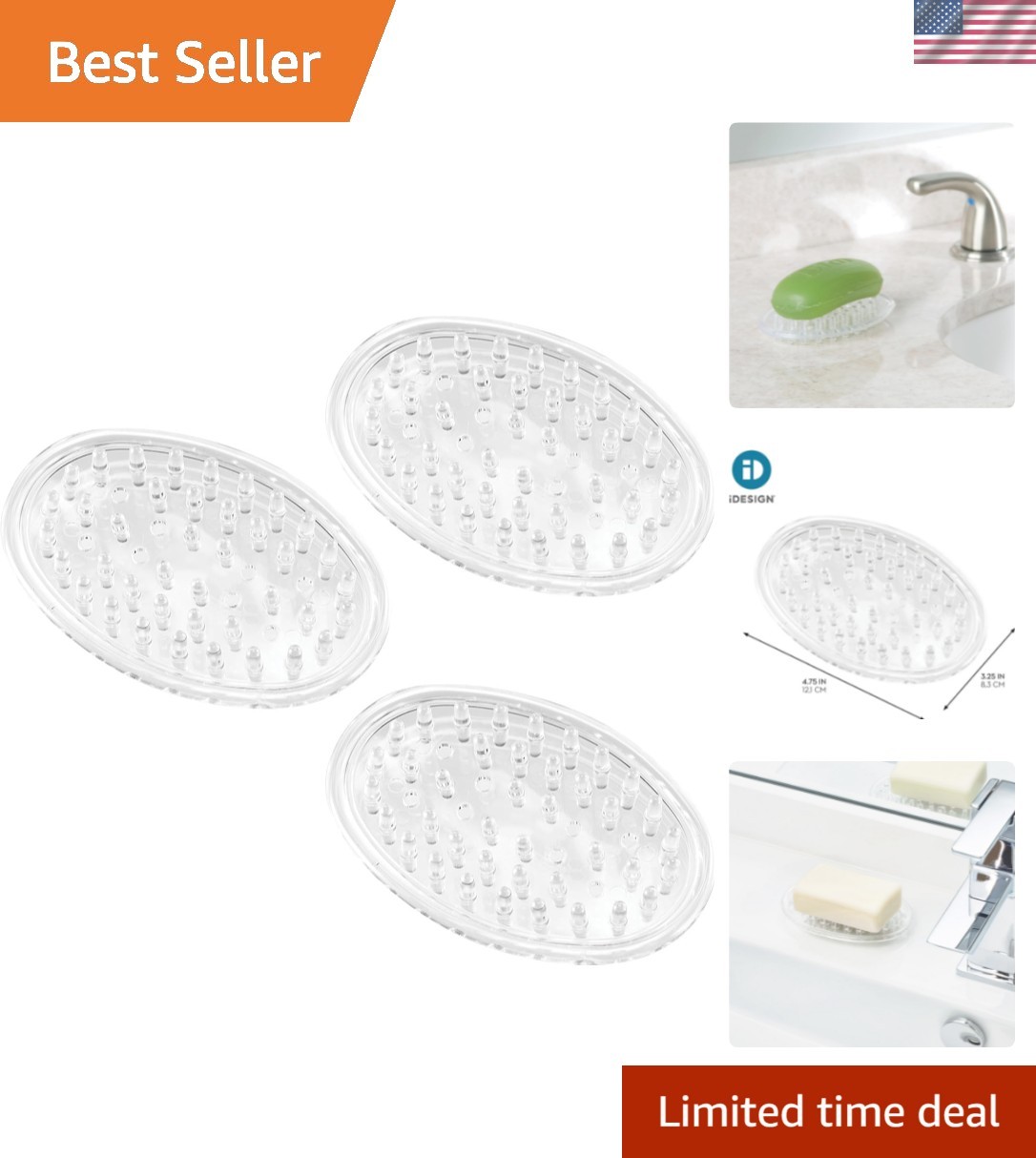 Plastic Soap Dish, Soap Saver, and Kitchen Sponge Holder - Set of 3, 0.75” x ...