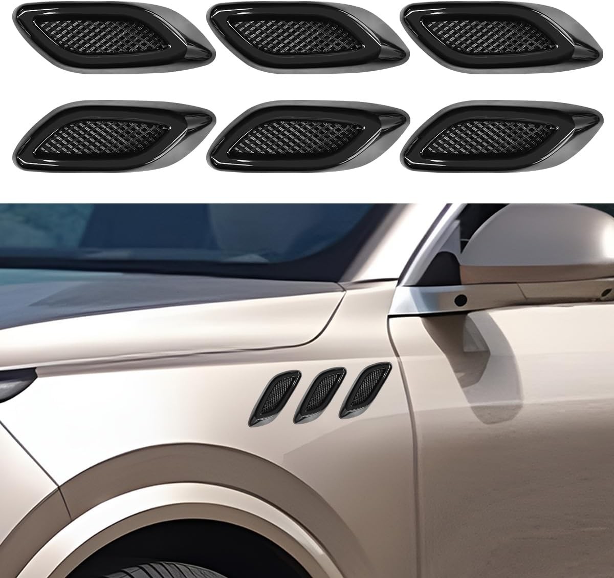6PCS Car Hood Side Air Vent Cover Glossy ABS Trim Black Universal