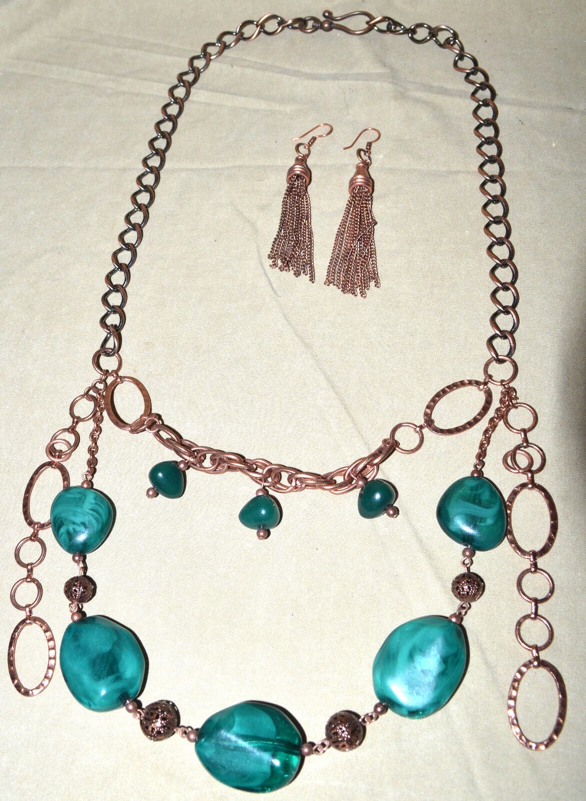 Handmade Green Stone and Copper Tone Necklace and Earring Set