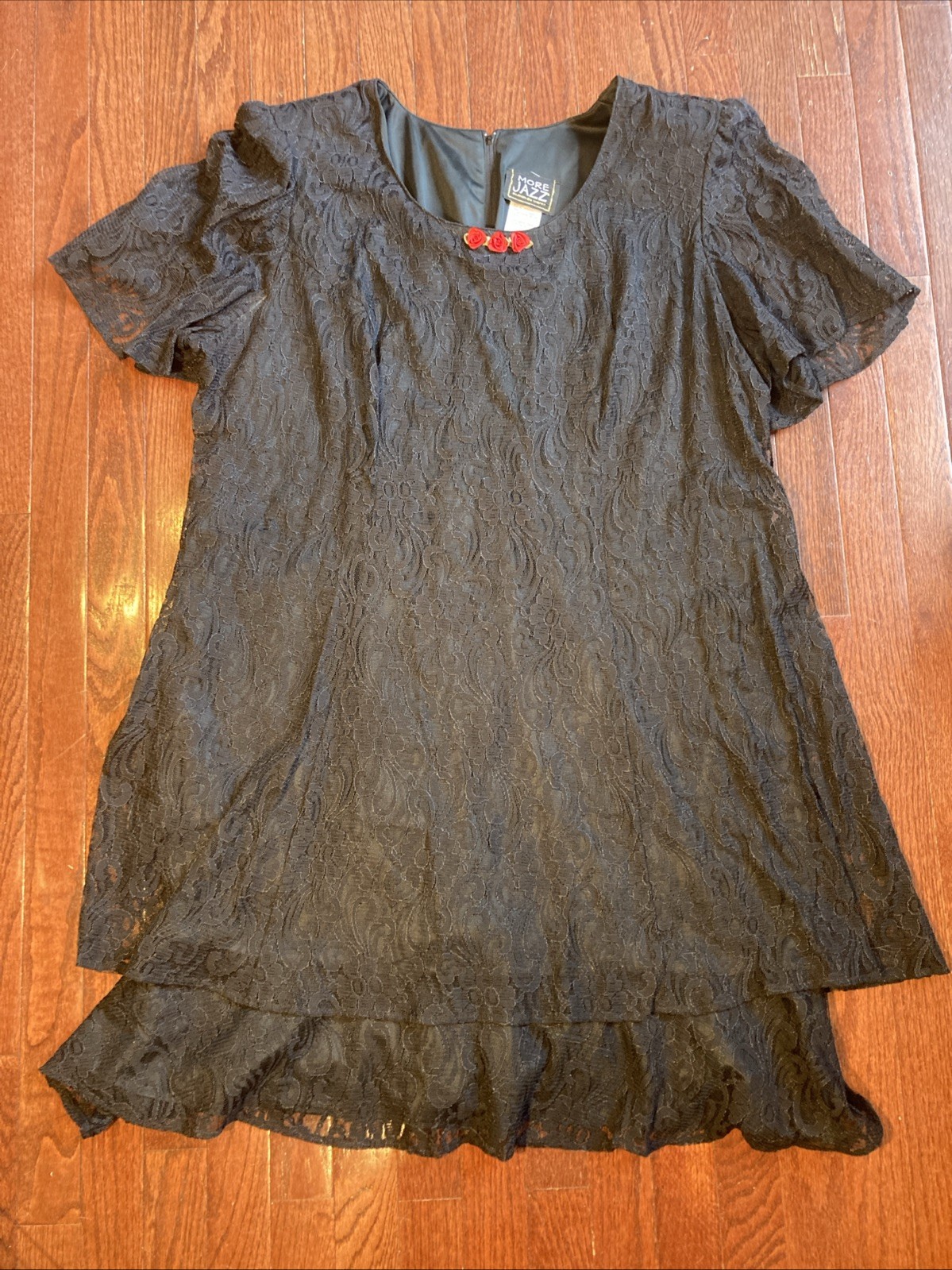 Vintage 80s 90s Womens Sz 24  More Jazz Floral Lace Black Dress Shoulder Pads