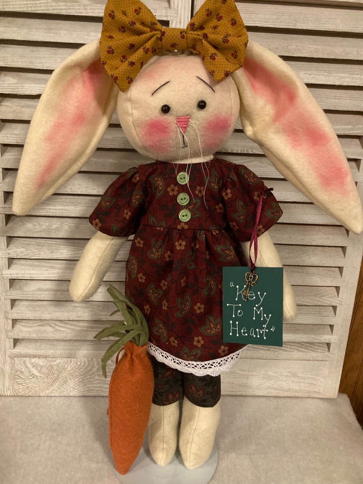 Primitive Bunny Rabbit Doll Handmade Shelf Sitter with Carrot "Key To My Heart"