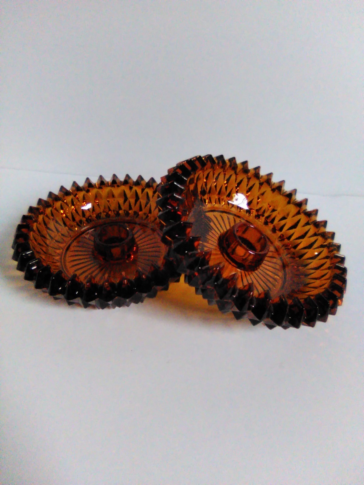 😍MINT Pr. INDIANA GLASS Diamond Point Amber Taper Candle Holders Tealight Bases