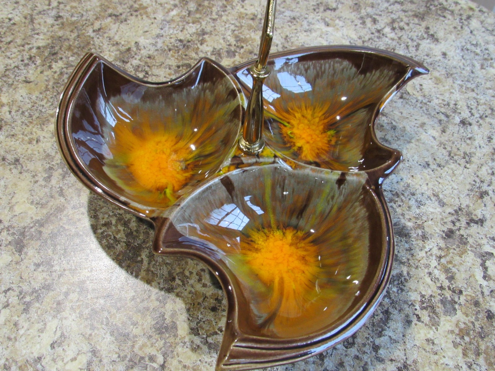 1960's Mid Century Brown & Orange Pottery 3 part server U.S.A in VG Condition