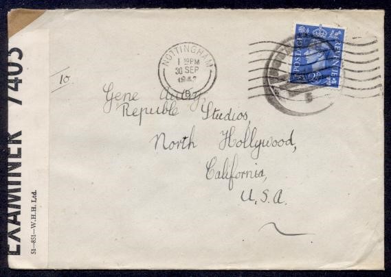 GREAT BRITAIN 1943 KGVI 2½D CENSORED TO GENE AUTRY