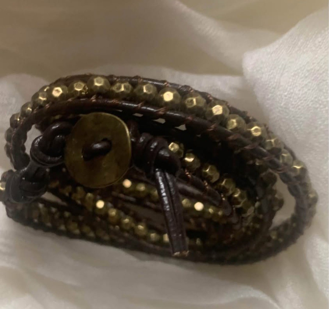 Premier Designs Brown Leather Beaded Adjustable Wrap Bracelet Bohemian Brass