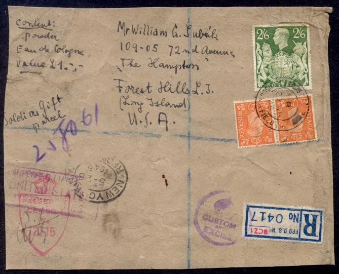 UK FPO DS NO 8SZ1 1945 PARTIAL REG PARCEL PIECE