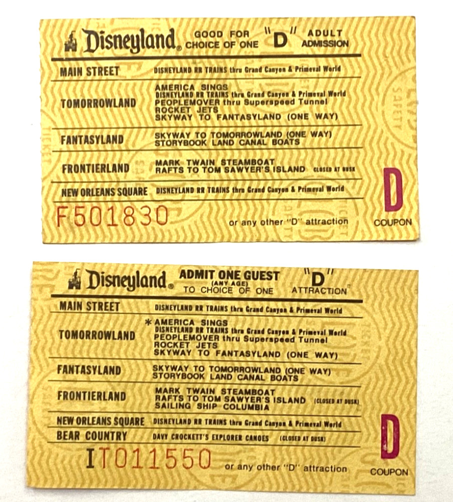 2 Unused Disneyland “D”  Tickets from Adult Ticket Books  1970’s-1980’s