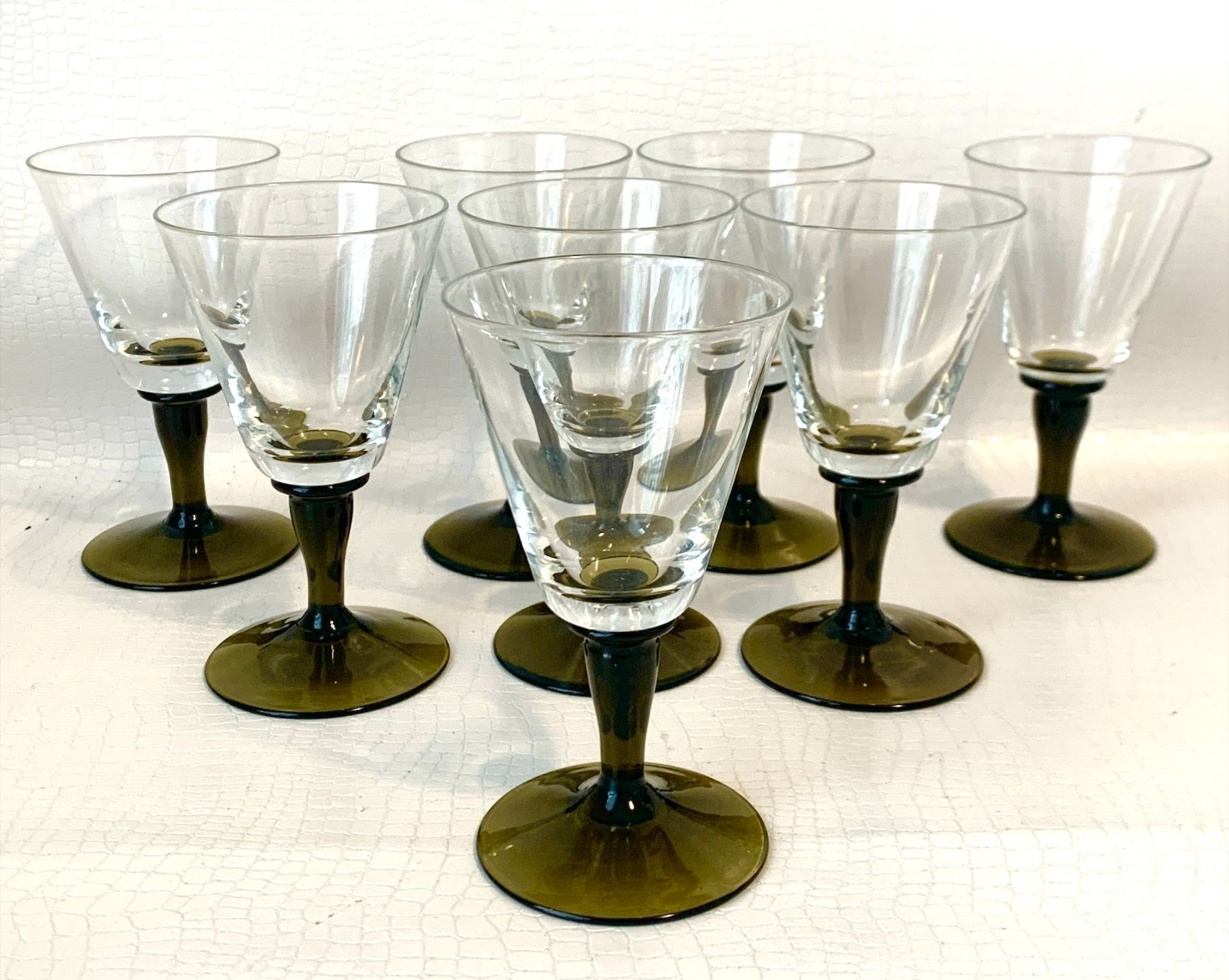 8 MCM Wine Glasses Smoke Green Stem Cordials Cocktail Wine Glass Vintage Barware