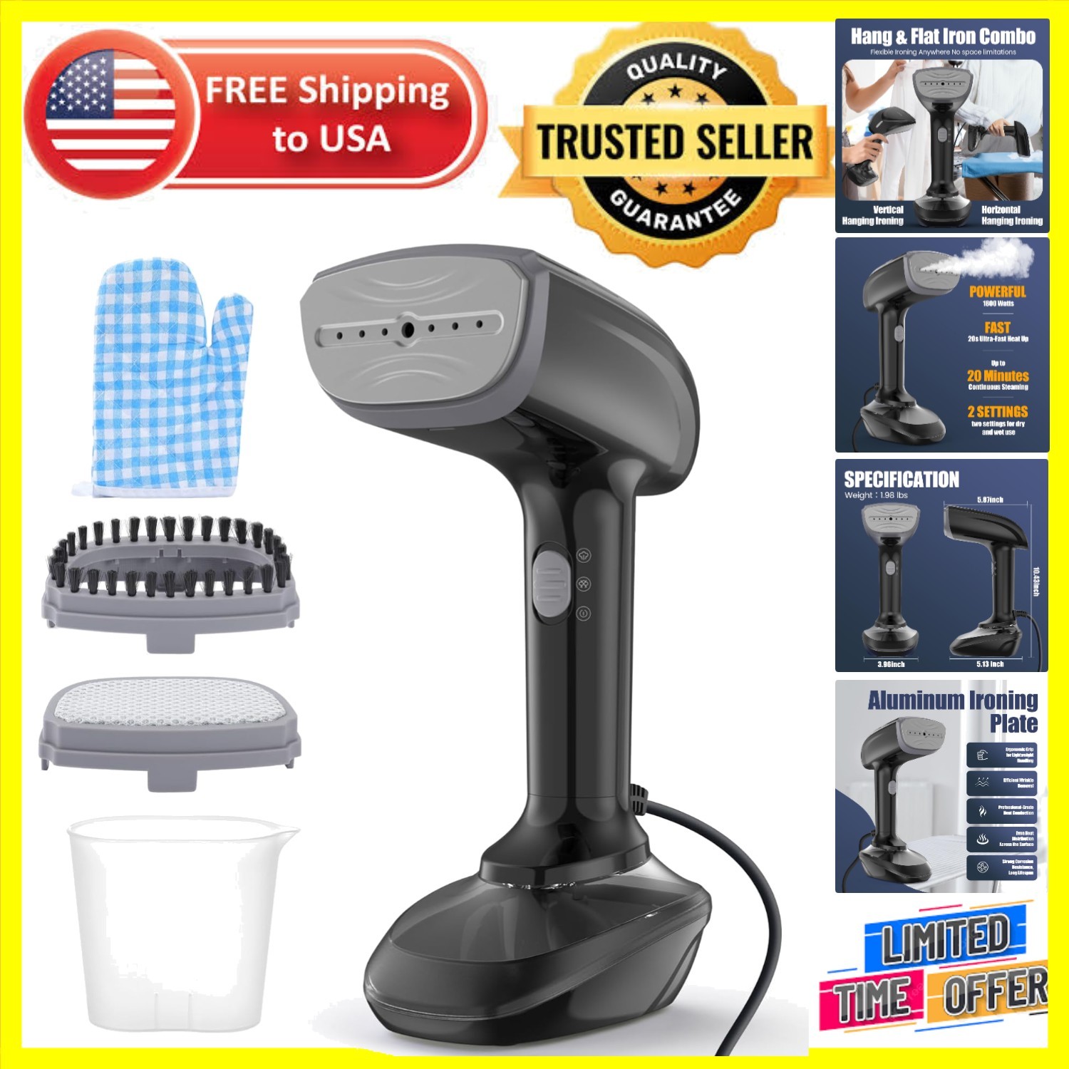 Handheld Fabric Steamer - 1800W, 20 Sec Heat-Up, 300ml Tank, Safe & Efficient