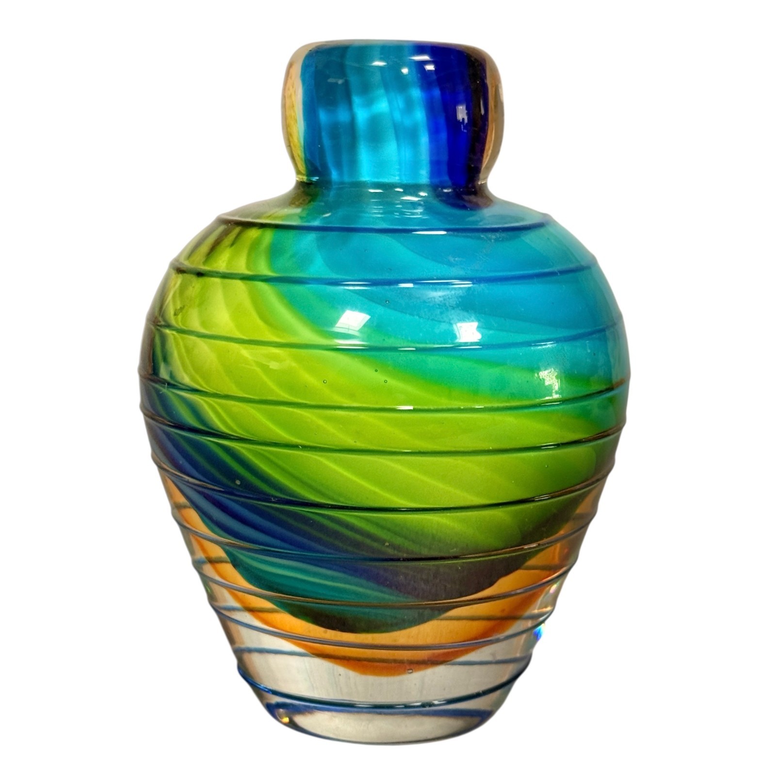5" Handblown Art Glass Bud Vase Green and Blue Swirl - In the style of Murano