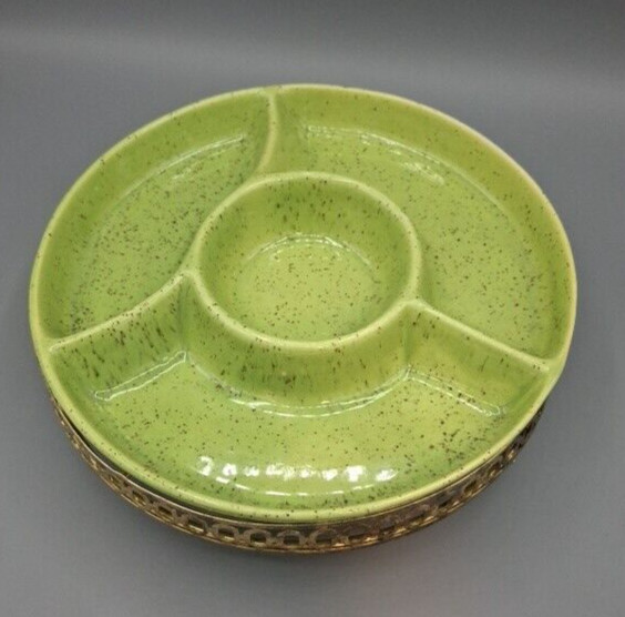California Pottery No.16 Speckled Green Round Snack Relish Dish, Metal Stand