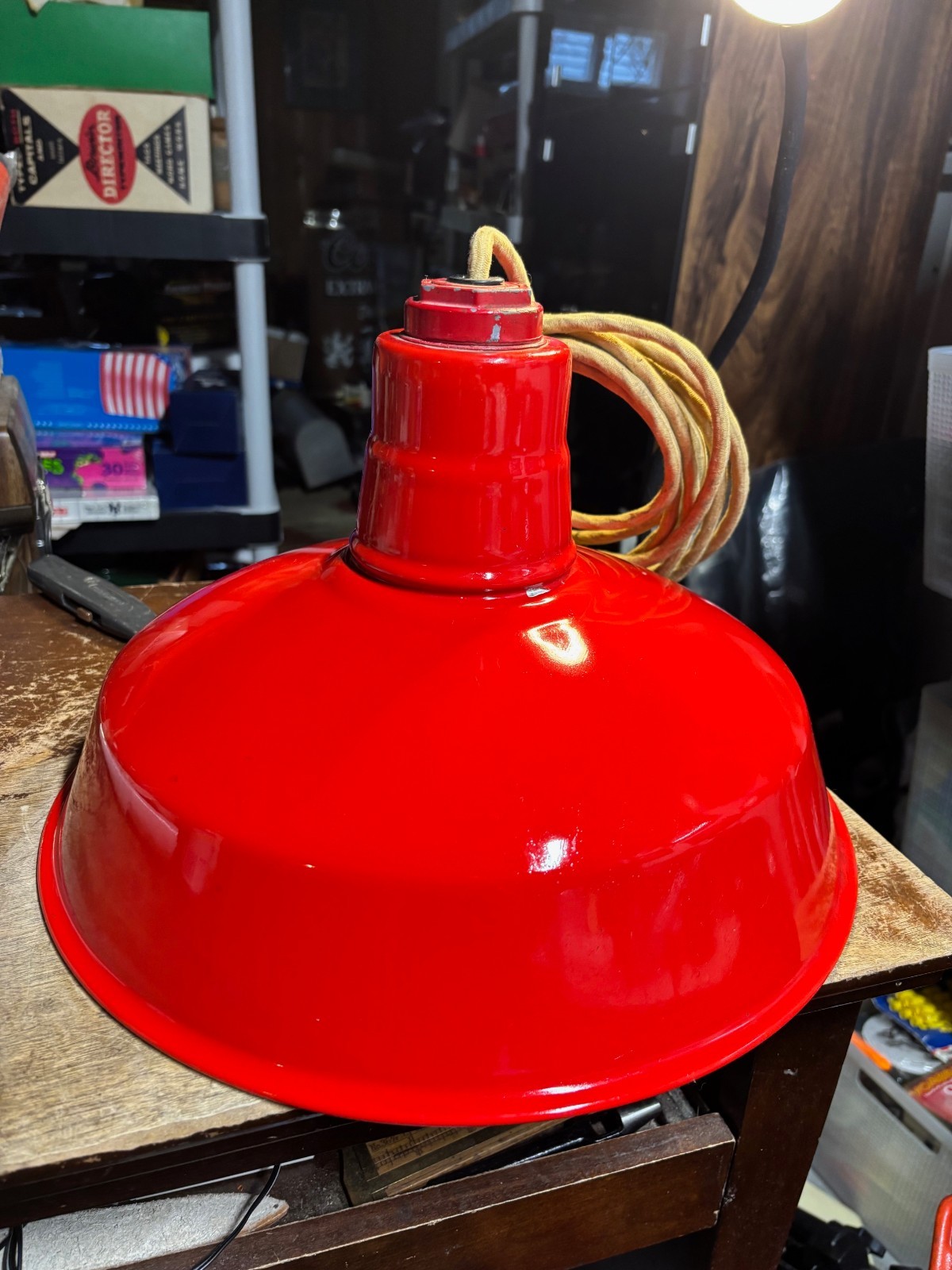 Vintage 14" Red Porcelain Enamel Light Shade Industrial Gas Station Barn Wiring