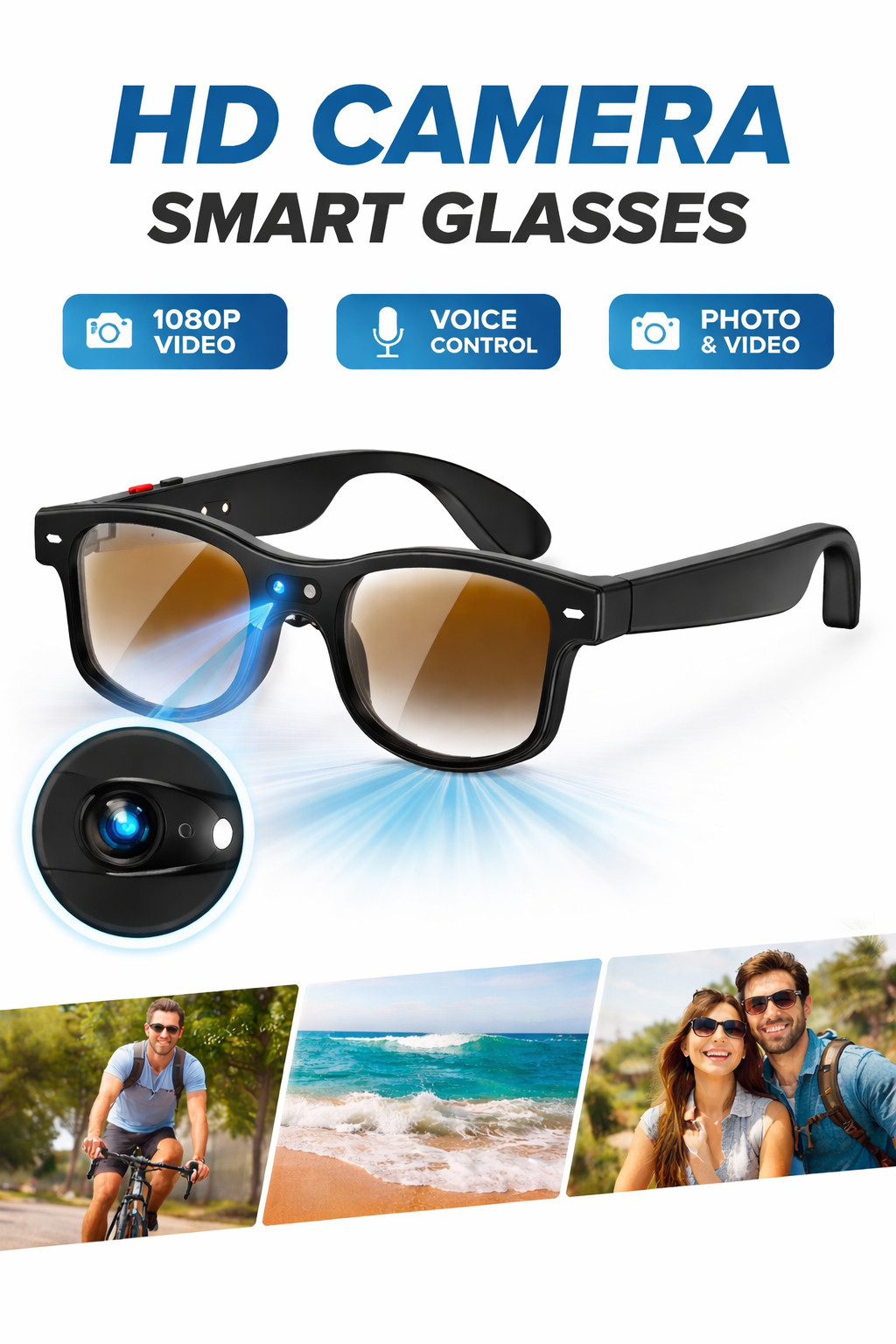 AI Smart Glasses 1080P HD Camera&Video Bluetooth Open-Ear Audio for iOS/Android