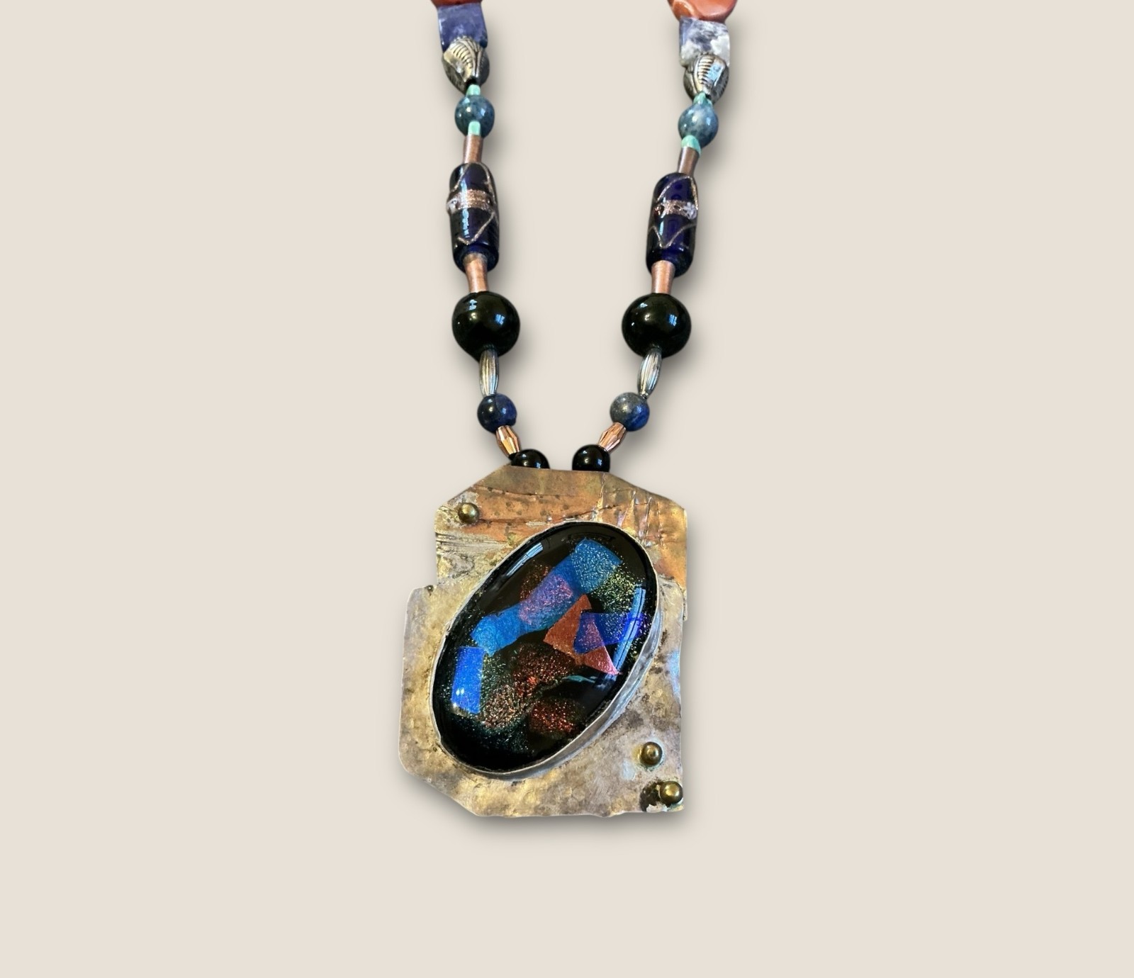Artisan  Sterling Mixed Media Beaded Necklace  Dichroic Glass & Stone Pendant