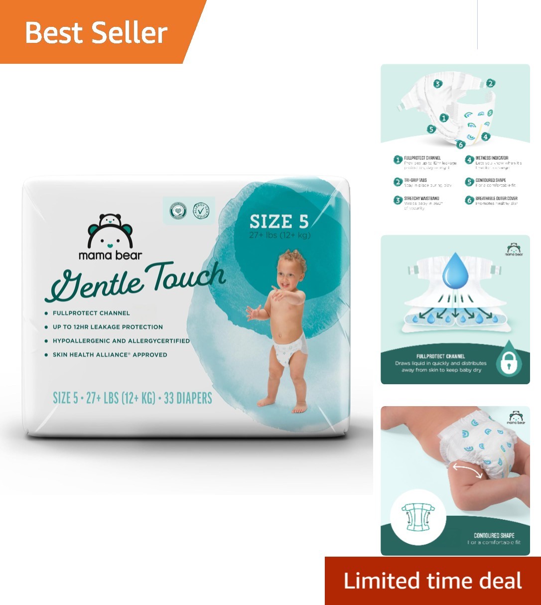 Amazon Gentle Touch Diapers, Size 5 (33 Count) - Soft & Waterproof for Babies