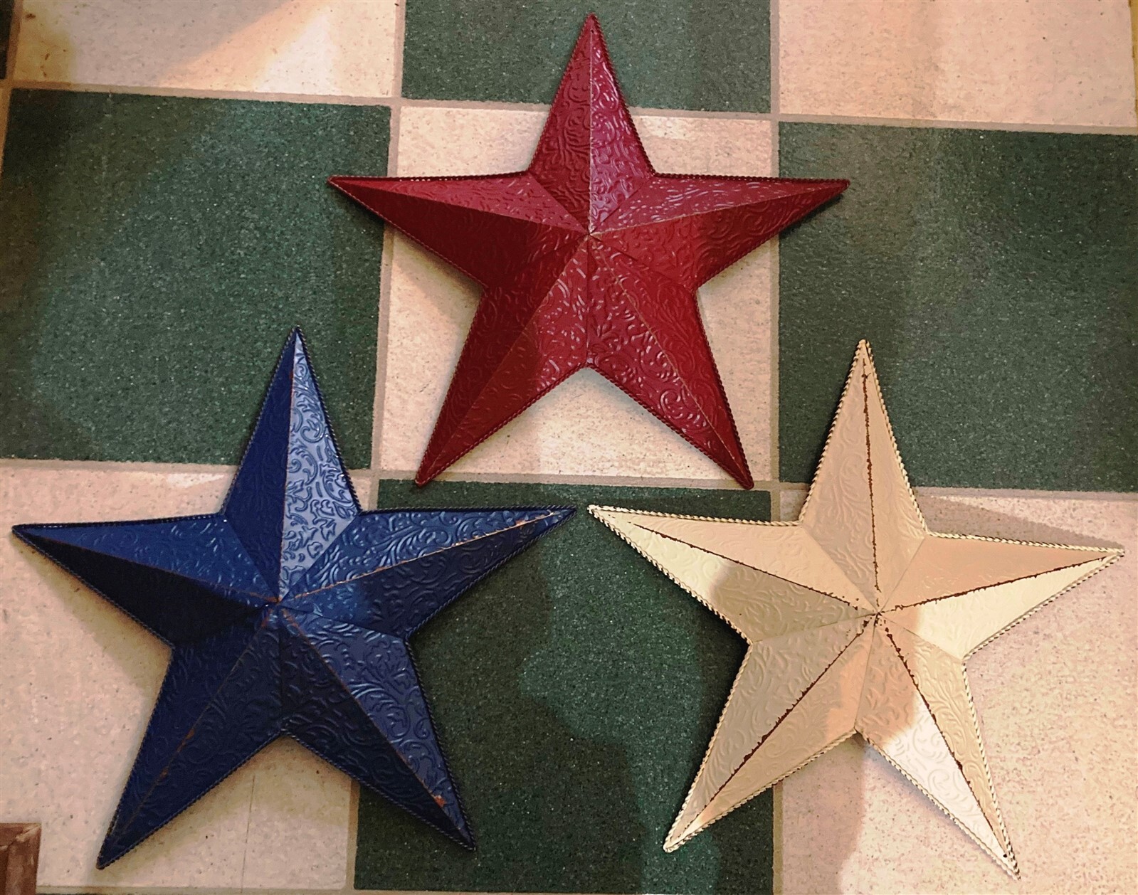 Vintage Red White Blue Metal Stars Wall Hangings 16 3/8 Inches Point to Point