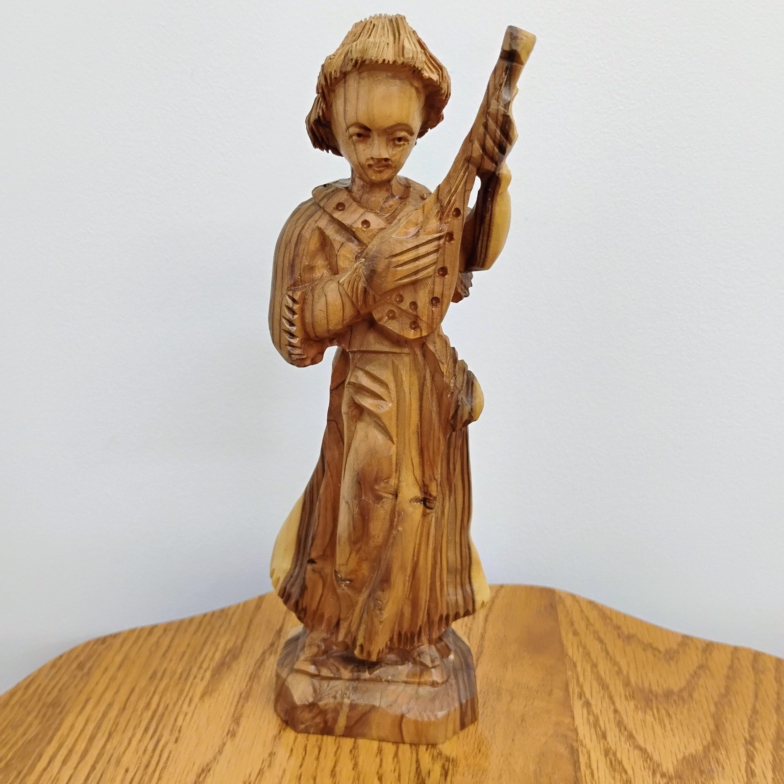 Vintage Hand Carved Olive Wood Figurine Musician Playing Lute Musical Mandolin