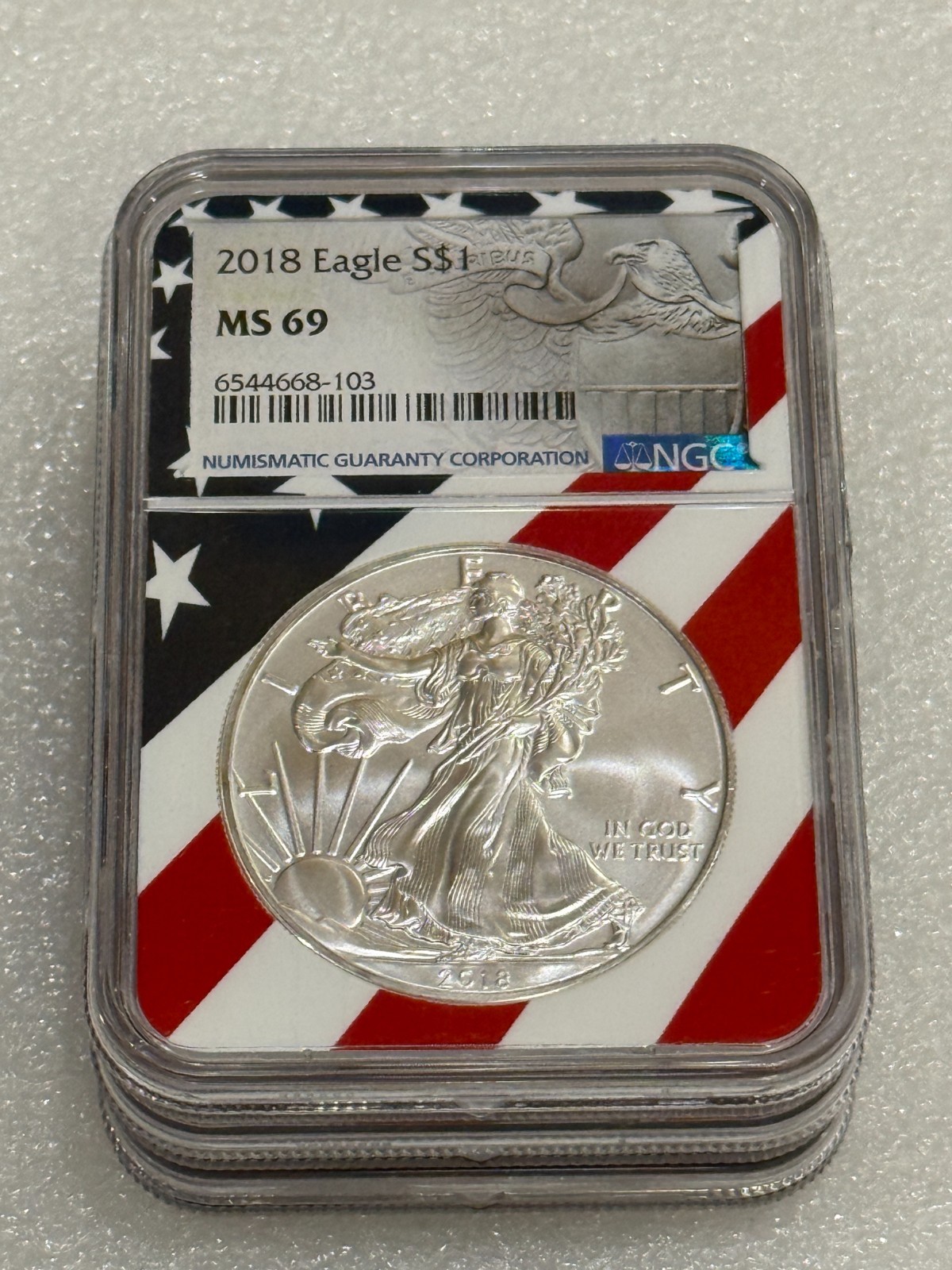 2018 Silver Eagle NGC MS 69 ~  Rare Flag Label ~ PRISTINE ~ NO SPOTS  (103)