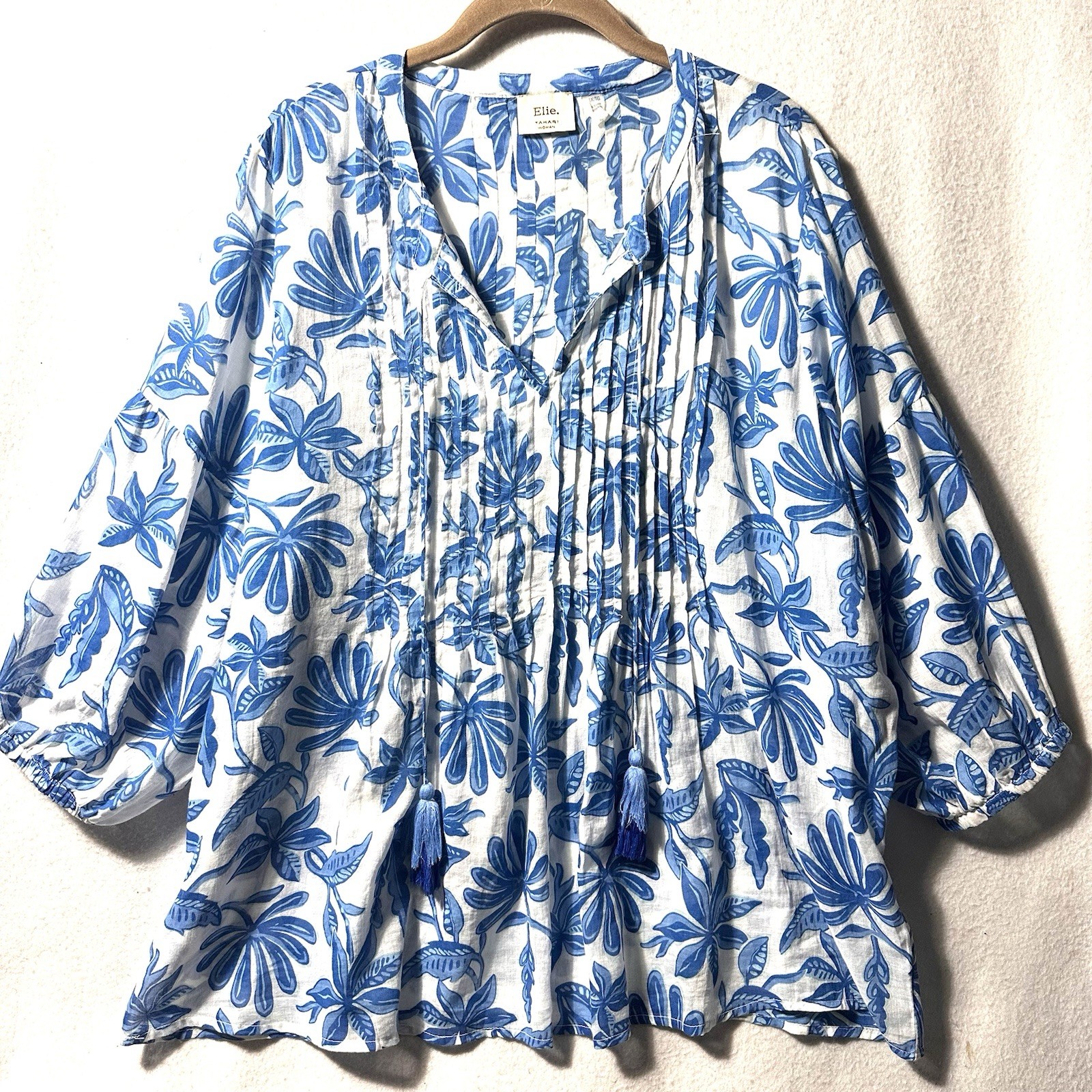 Elie Tahari Blouse Top 1X Floral Pintuck Popover Peasant Tassels Coastal Blue